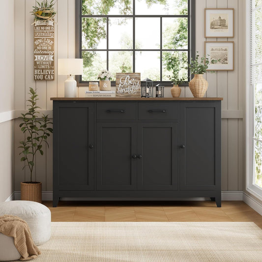55" Buffet Cabinet with Storage, Kitchen Buffet Sideboard with Drawers, Large Storage Cabinet with Doors and Shelves, Modern Farmhouse Coffee Bar for Kitchen, Dining Room, Living Room, Black