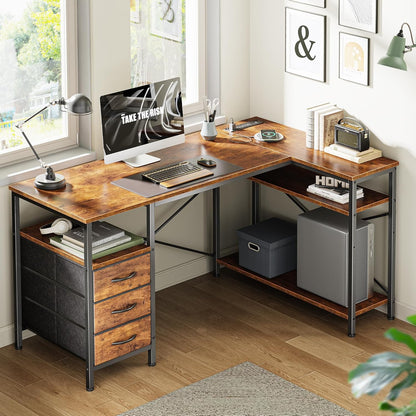 L Shaped Office Desk with Power Outlets, 55 Inch Computer Desk with 3 Drawers, Shelves, Reverisble for Gaming Corner Work Home Office Study, White