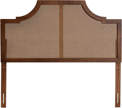 Risha Mid-Century Modern Ash Walnut Finished Wood and Rattan King Size Headboard
