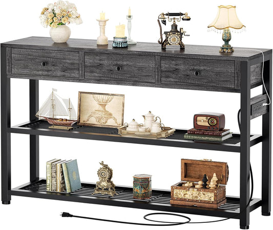 47'' Entryway Table with Outlets and USB Ports, Console Table with 3 Drawers, Sofa Table Narrow Long with Storage Shelves for Living Room, Couch, Hallway, Foyer, Kitchen Counter, Grey