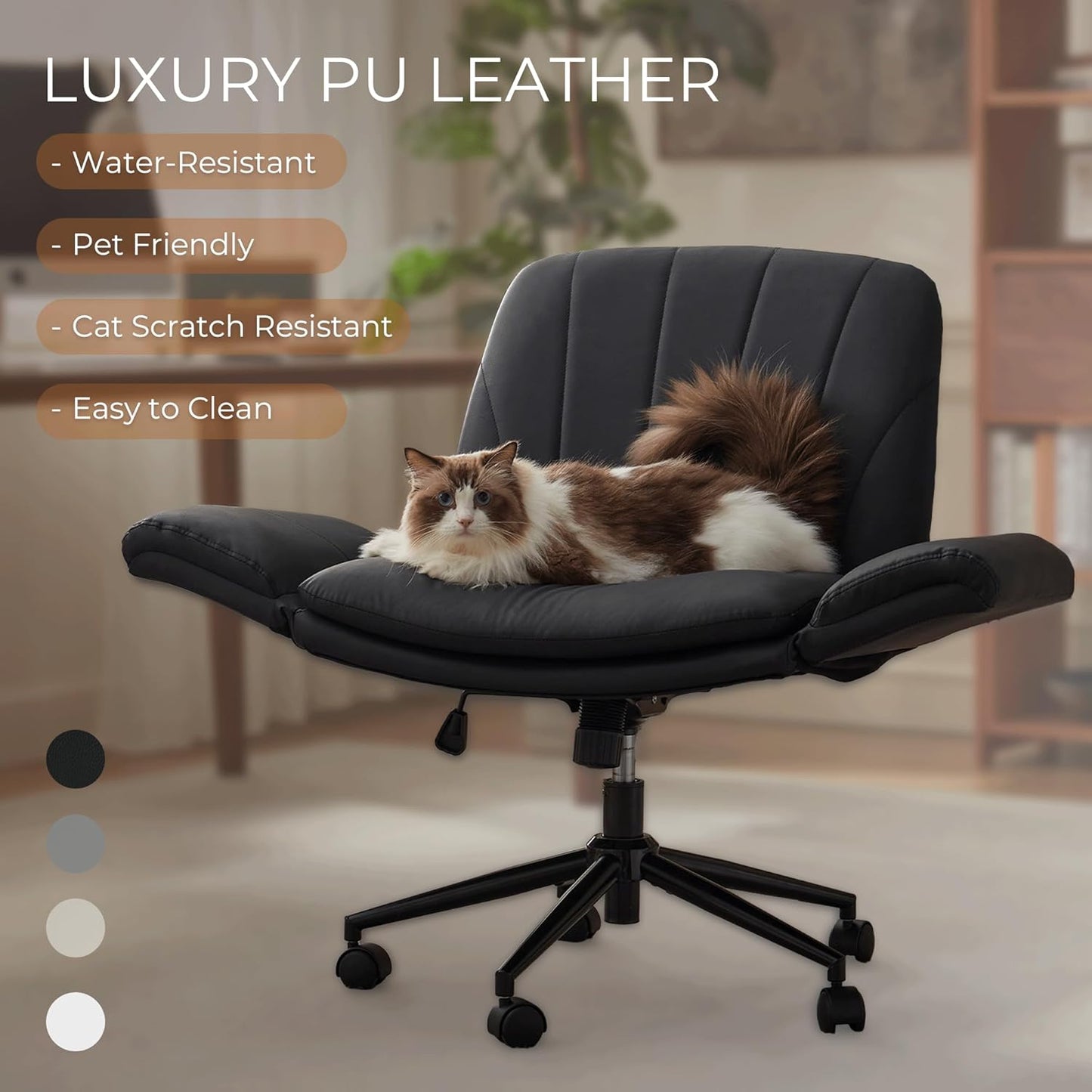 Criss Cross Chair with Five-Level Adjustable Arms and Wheels - Comfortable Ergonomic PU Leather Swivel Vanity Chair - Computer Makeup Gaming Chair for Home Office, Bedroom, Living Room (Black)