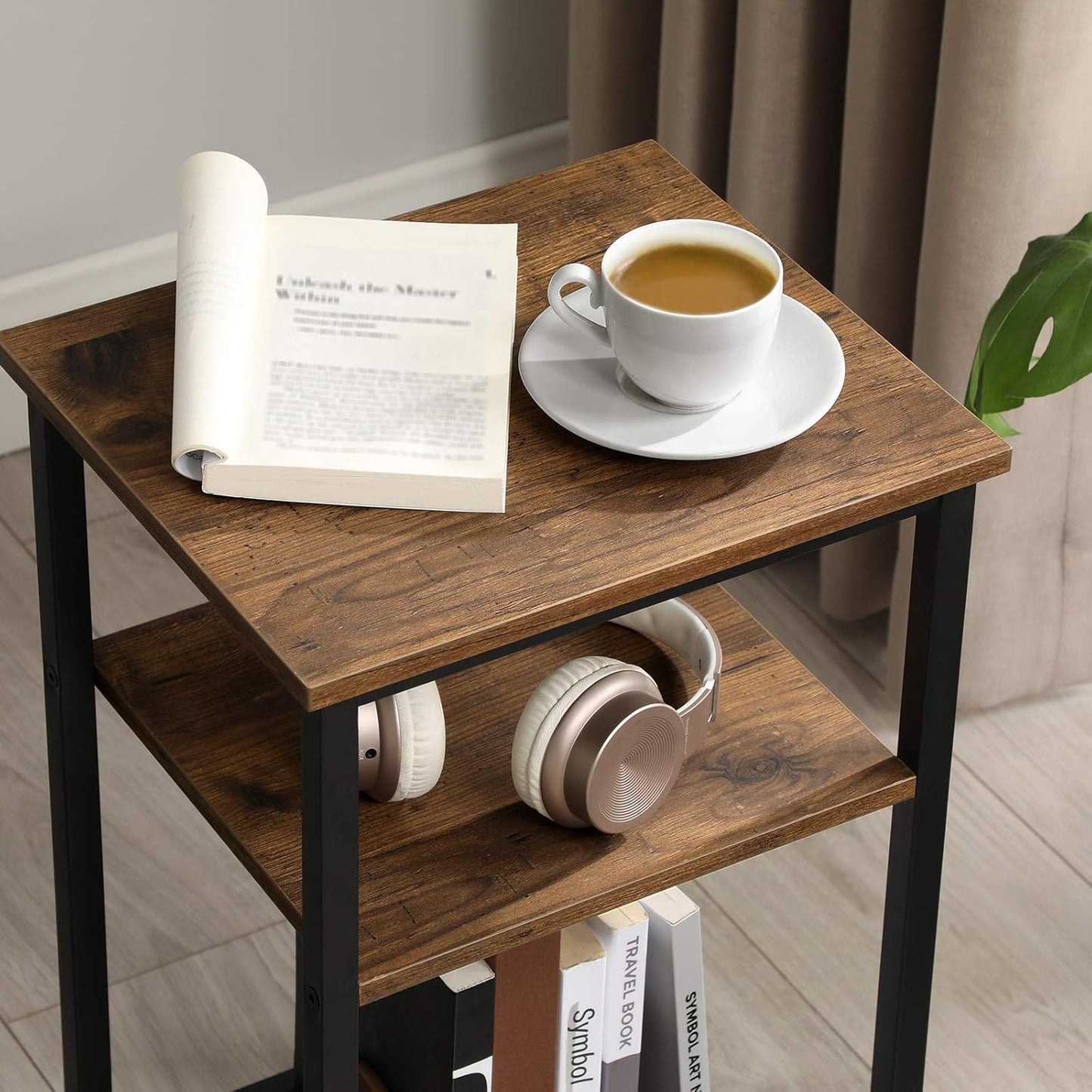 End Table Set of 2, 3-Tier Nightstands, Side Table for Small Space in Living Room, Bedroom, Steel Frame, Easy Assembly, 2-Pack, Chestnut Brown