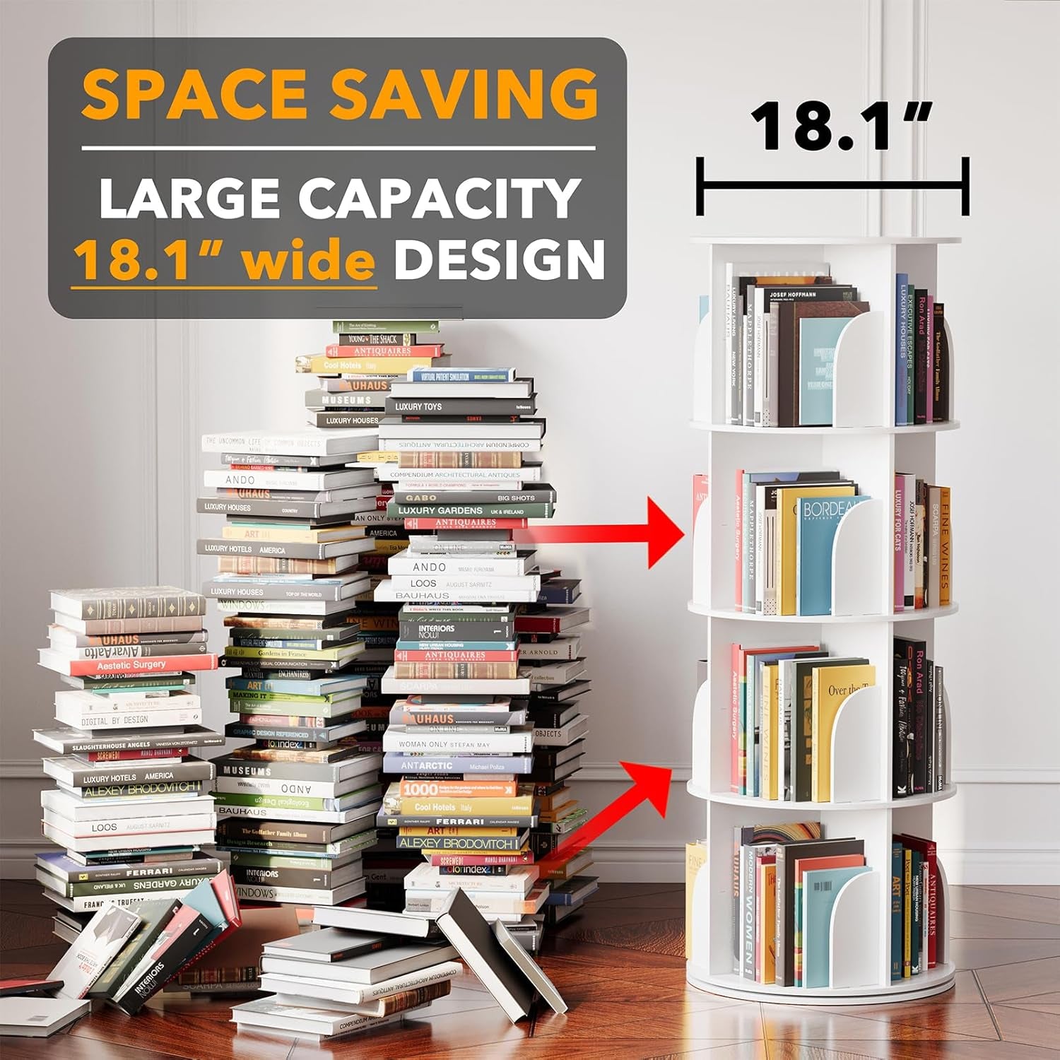 4 Tier Rotating Bookshelf Tower, Spinning Bookcase Lazy Susan, Revolving 360 Book Shelf Storage round Carousel, Vertical Rotate Turning Spiral Corner Organizer, White