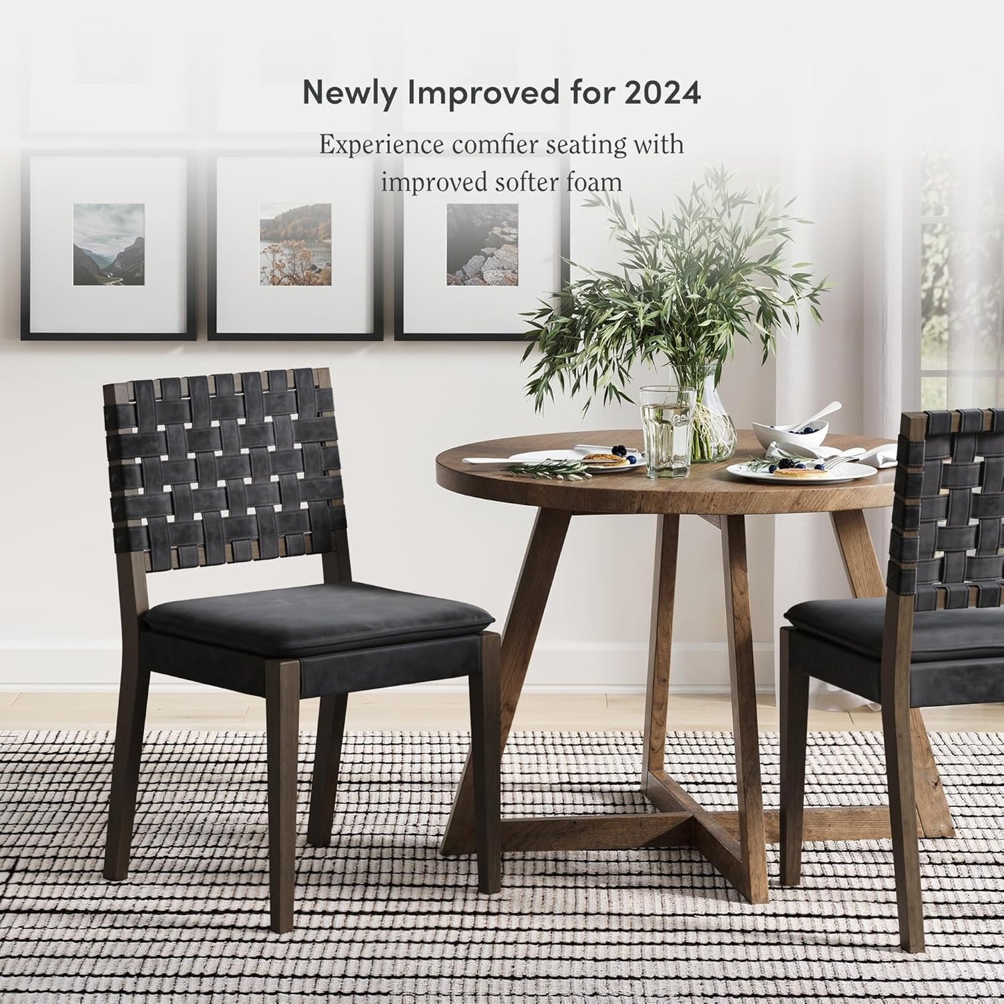 Cohen 19 In. Wood Dining Chair, Mid-Century Modern Upholstered Side Chair with Hand Woven Faux Leather Backrest, Black