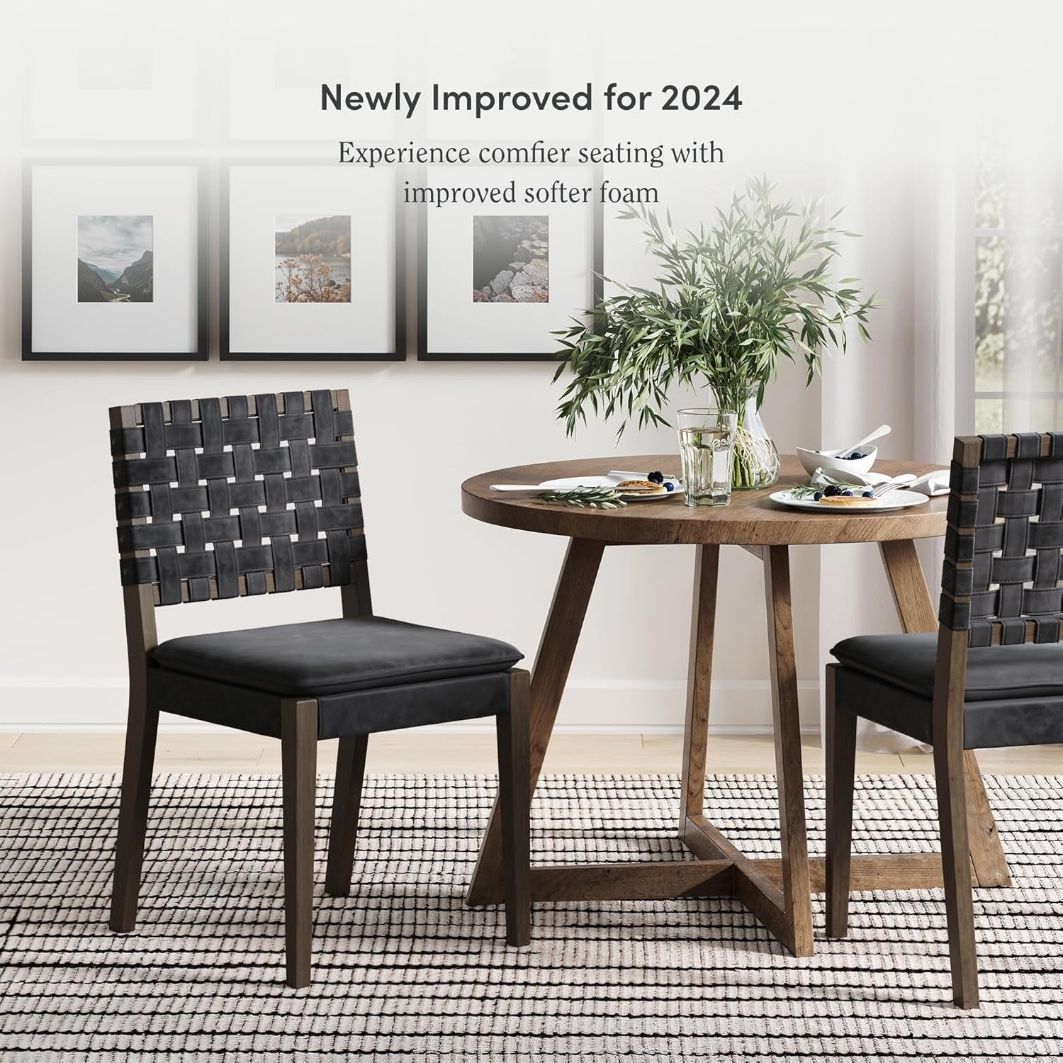 Cohen 19 In. Wood Dining Chair, Mid-Century Modern Upholstered Side Chair with Hand Woven Faux Leather Backrest, Black