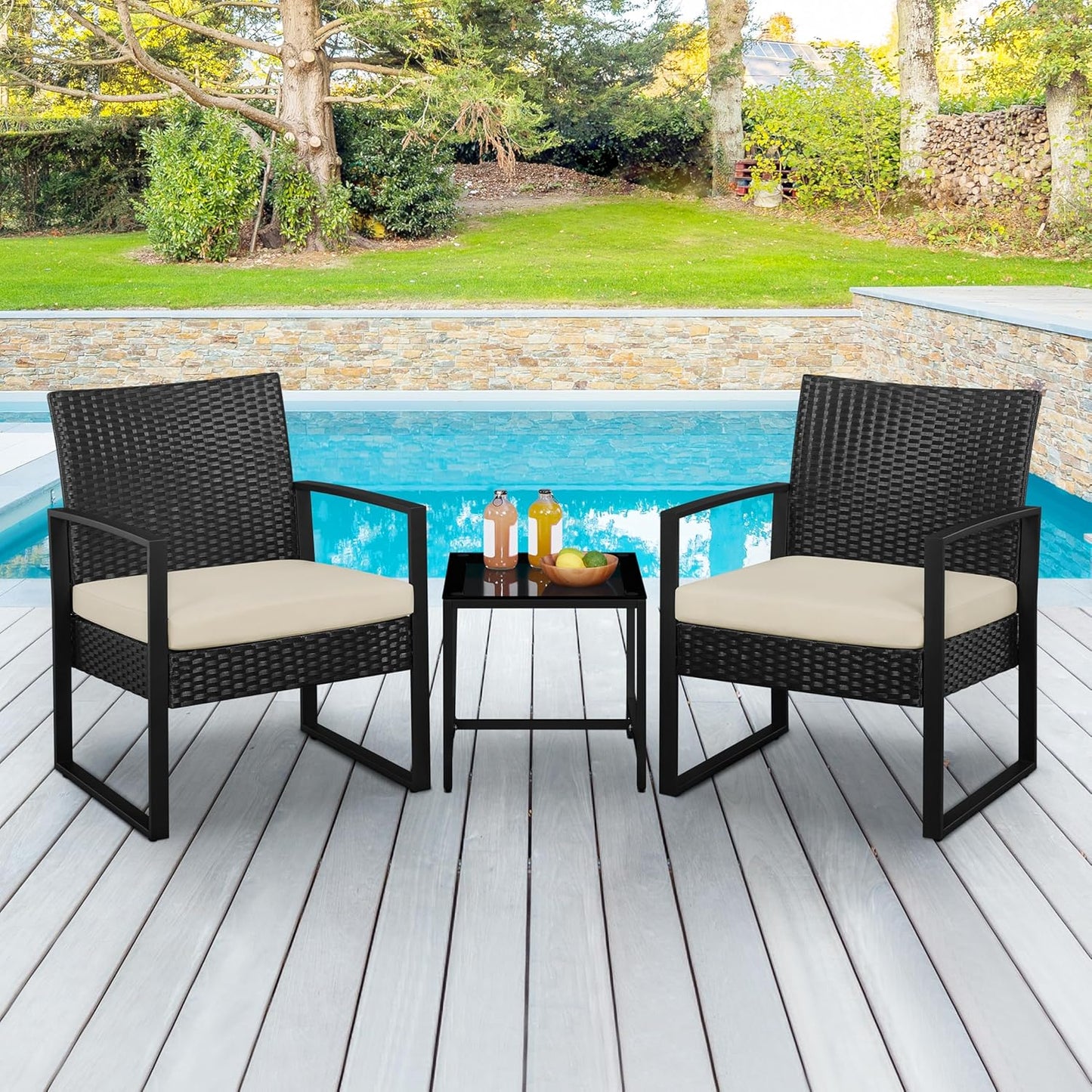 3 Pieces Rattan Bistro Set, Outdoor Wicker Patio Modern Conversation Furniture, 2 Chairs & Tempered Glass Coffee Table for Garden, Balcony, Backyard, Poolside, Black/Beige