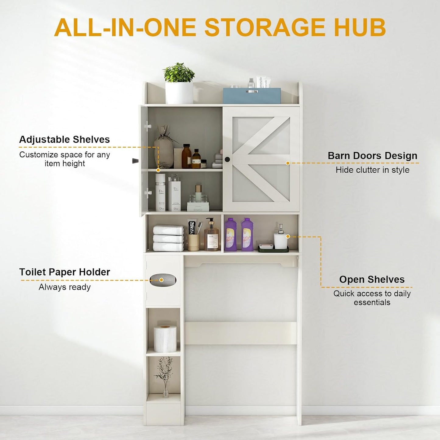 Over the Toilet Storage Cabinet with Farmhouse Barn Doors and Adjustable Shelves, Freestanding Bathroom Organizer with Toilet Paper Holder, Wood Space Saver for Small Restroom & Laundry Room, White