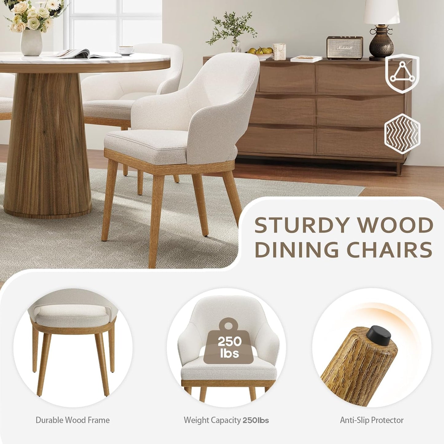 Wooden Dining Chairs Set of 4, Modern Fabric Upholstered Dining Room Chair, Kitchen Side Chairs, Farmhouse Dinner Chair with Open Back for Kitchen, Beige