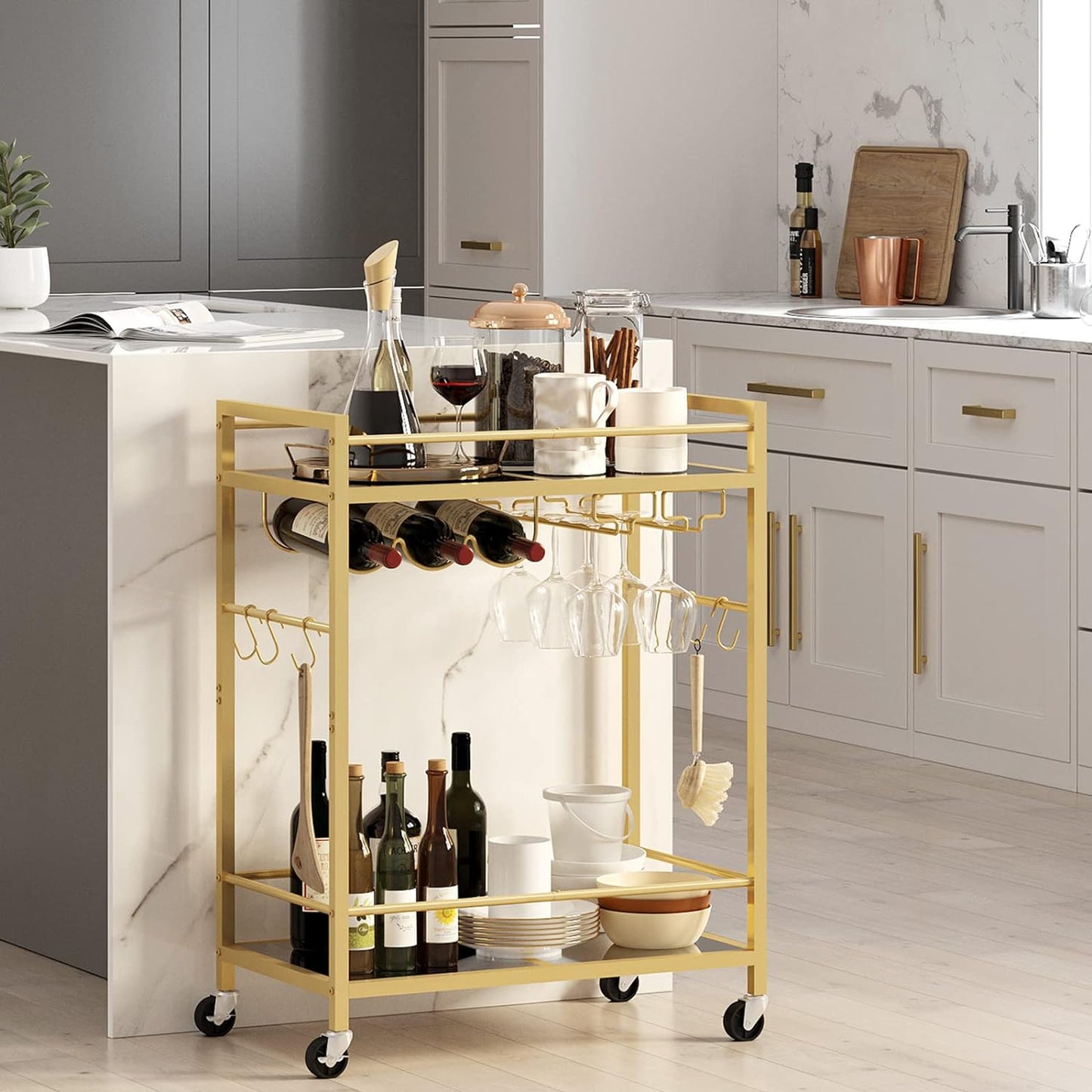 Bar Cart, Serving Cart for Home, Drink Cart, Mobile Kitchen Shelf with Wine Rack and Glass Holder, Rolling Beverage Cart, Gold BC01BB031