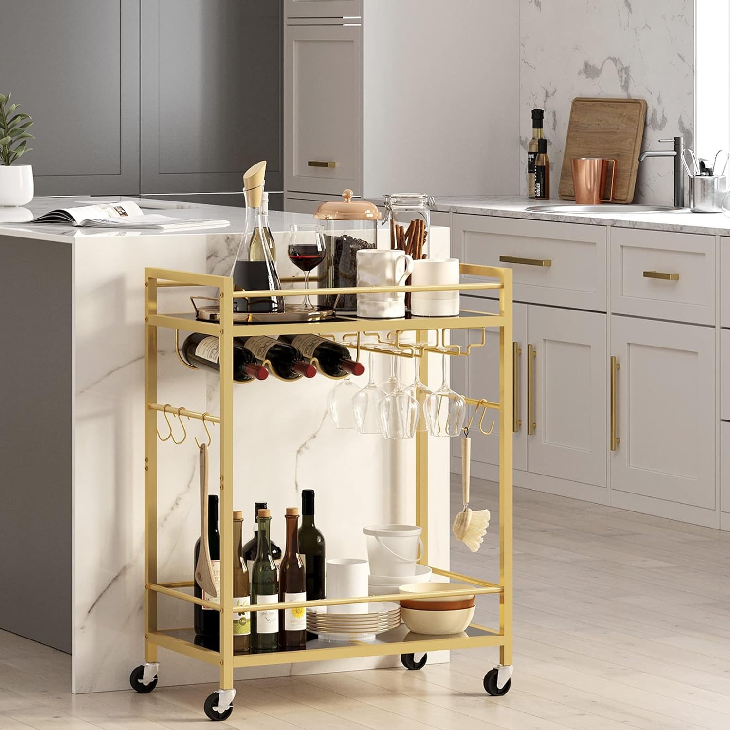 Bar Cart, Serving Cart for Home, Drink Cart, Mobile Kitchen Shelf with Wine Rack and Glass Holder, Rolling Beverage Cart, Gold BC01BB031