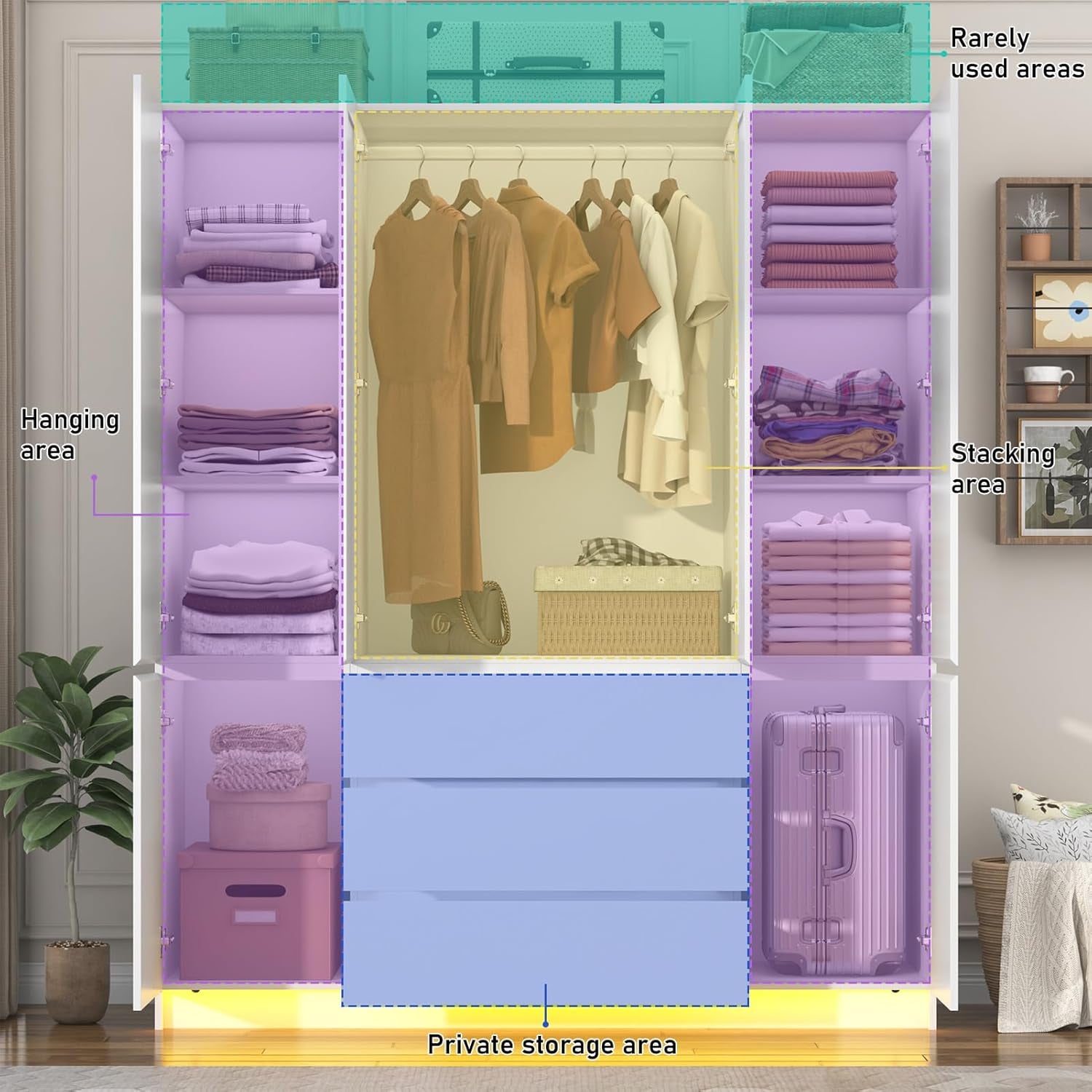 4 Doors Armoire Wardrobe Closet with 3 Drawers & Mirror, Modern Wooden Bedroom Armoires with Hanging Rod Led Lights for Bedroom, White