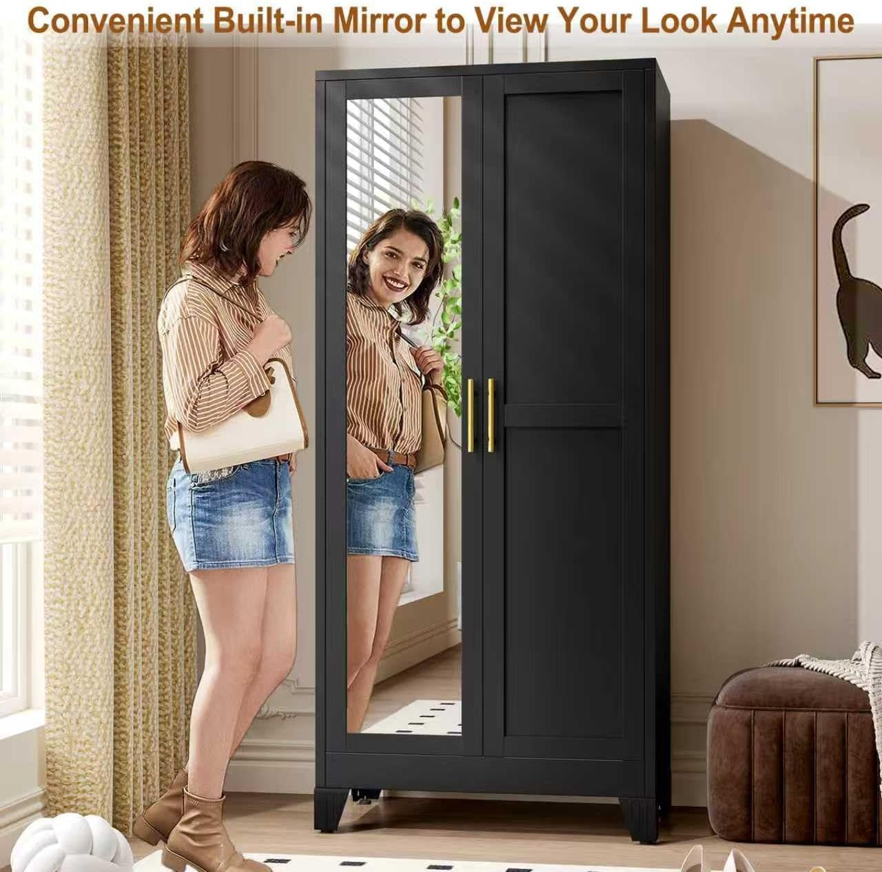 Metal Armoire Wardrobe Closet Storage Cabinet with Mirror Black, 71'' Wardrobe Cabinet with Hanging Rod Metal Closet with 2 Adjustable Shelves for Bedroom, Laundry Room, Cloak Room