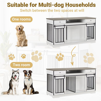 75" Double Dog Crate Furniture for 2 Large Dogs, Heavy Duty Furniture Style Dog Kennel End Table, Wood Crates for Dogs Kennel Indoor Double Door, Brown
