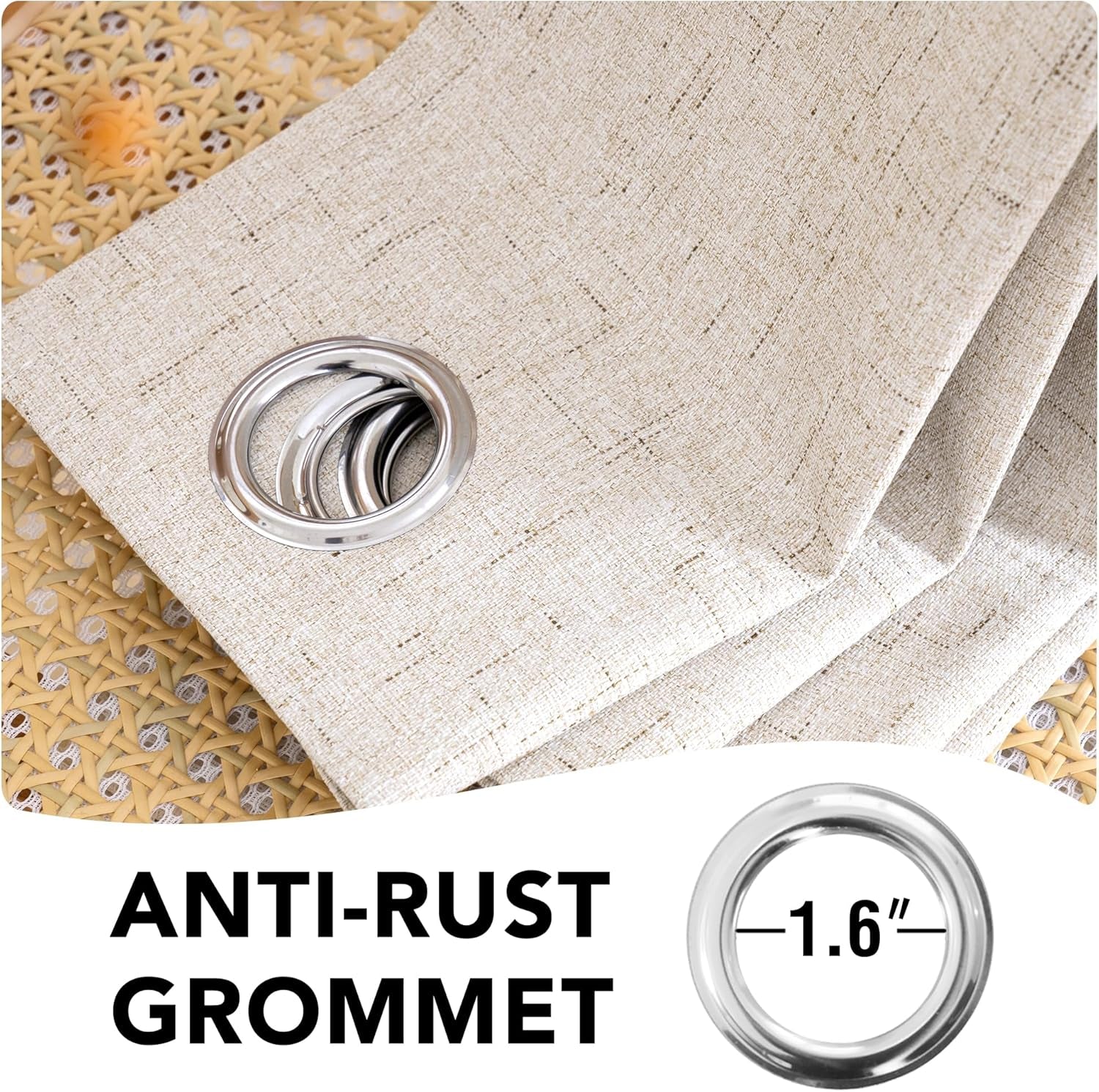 Linen 100% Blackout Curtains for Bedroom Full Light Blocking Curtains, Textured Window Curtain for Living Room 84 Inch Grommet, Energy Efficient Curtains White Liner(2 Panels, Natural)