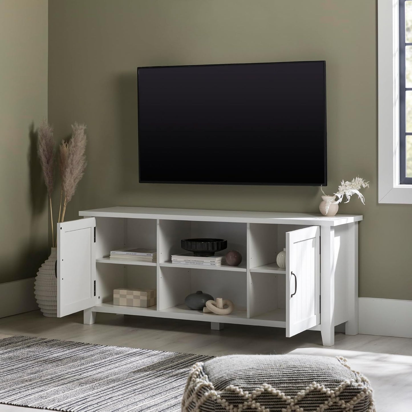 Buren Classic Grooved Door TV Stand for Tvs up to 65 Inches, 58 Inch, Solid White