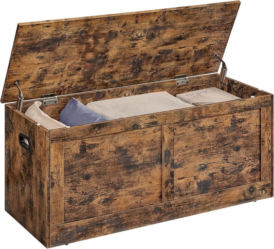 Storage Chest, Storage Trunk with 2 Safety Hinges, Storage Bench, Shoe Bench, Farmhouse Style, 15.7 X 39.4 X 18.3 Inches, for Entryway, Bedroom, Living Room, Rustic Brown ULSB164K01