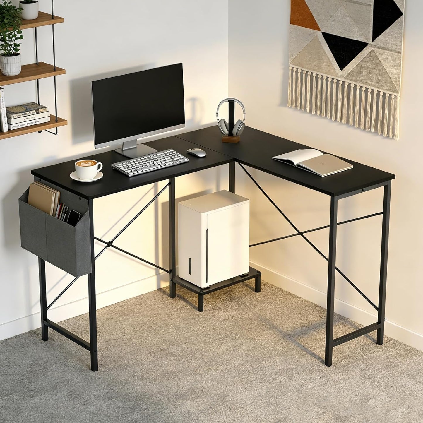 L Shaped Desk, 50 Inch Reversible Computer Desk Corner Gaming Table with CPU Stand & Storage Bag, Sturdy Metal Frame PC Workstation for Home Office