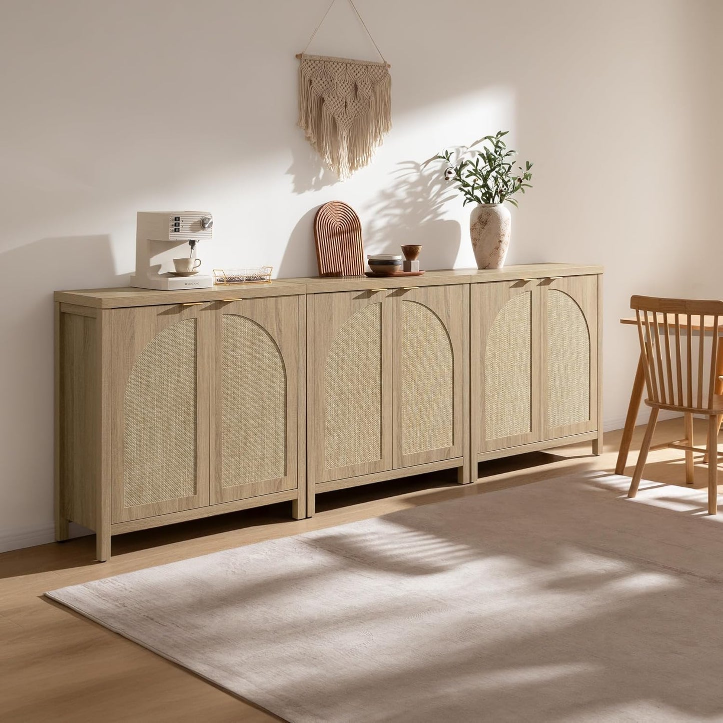 68" W Rattan Sideboard Buffet Cabinet with Storage Set of 2, Mid Century Modern Credenza with Arch Doors & Shelves Boho Coffee Bar Media Console Cabinets for Kitchen, Living Room, Entryway