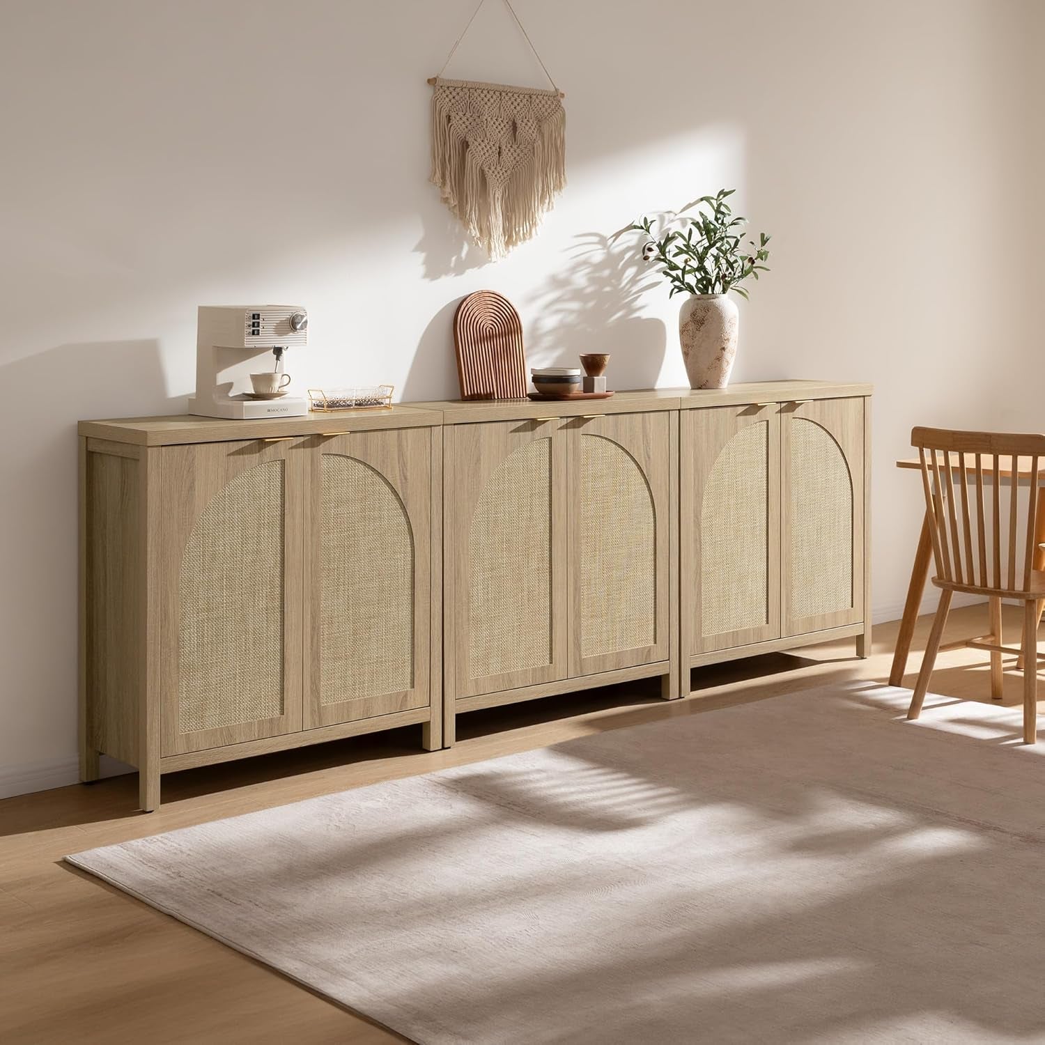 68" W Rattan Sideboard Buffet Cabinet with Storage Set of 2, Mid Century Modern Credenza with Arch Doors & Shelves Boho Coffee Bar Media Console Cabinets for Kitchen, Living Room, Entryway