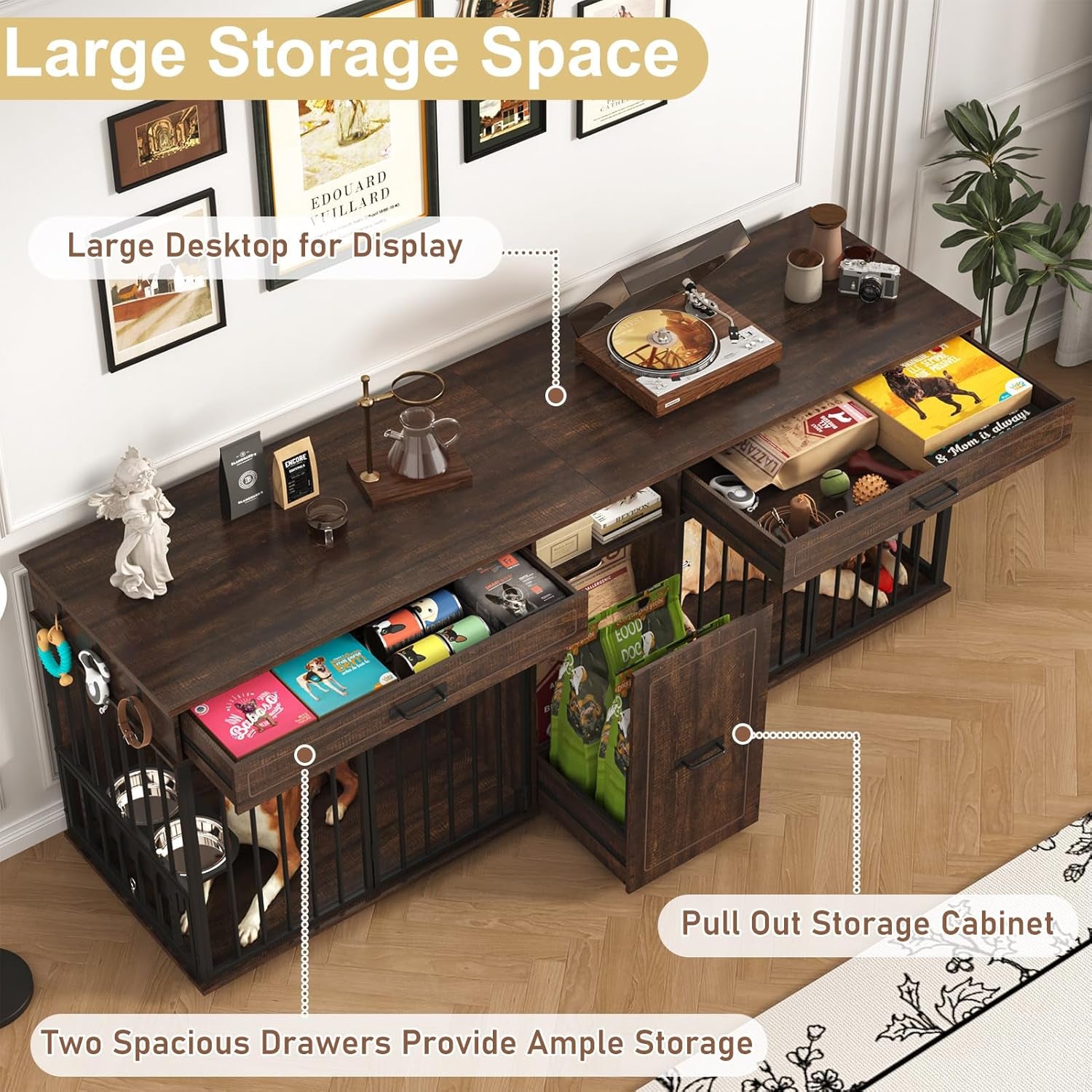 86.6" Dog Crate Furniture Large Breed TV Stand with Double Rooms, Wooden Dog Kennel Furniture with Dog Bowl, 2 Drawers and Cabinet for Large Medium Dogs, Brown