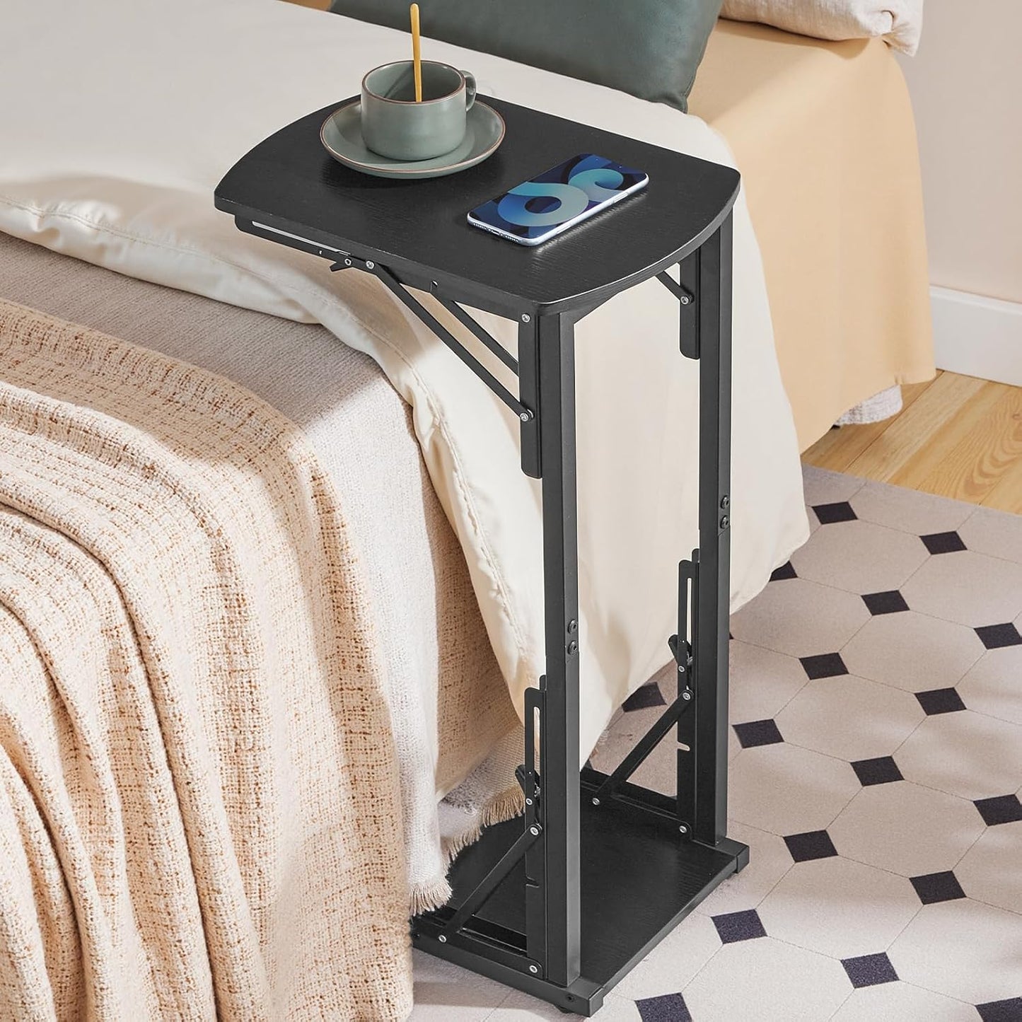 Folding C-Shaped End Table, Side Table for Couch, TV Tray Table for Small Spaces, Small Couch Side Table That Slide under Sofa Bed, Living Room, Bedroom, Bedside, Black ETBK4101