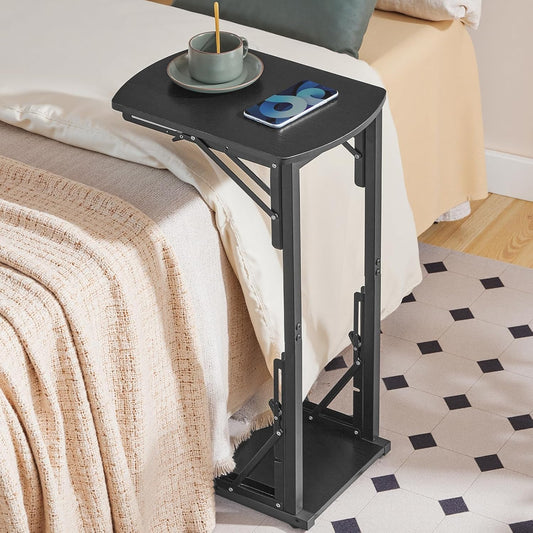 Folding C-Shaped End Table, Side Table for Couch, TV Tray Table for Small Spaces, Small Couch Side Table That Slide under Sofa Bed, Living Room, Bedroom, Bedside, Black ETBK4101