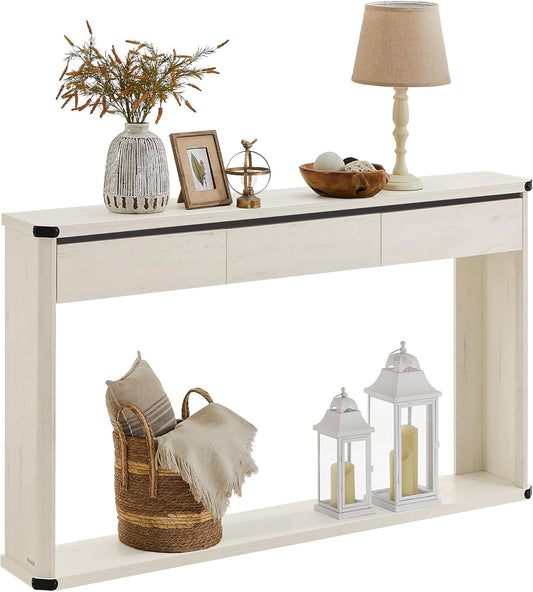 Console Table, 47.2 Inches Sofa Table, Narrow Entryway Table, Entry Table with 3 Drawers, Bottom Shelf, Metal Corners, for Living Room, Bedroom, Farmhouse Style, Rustic White ULNT143W73