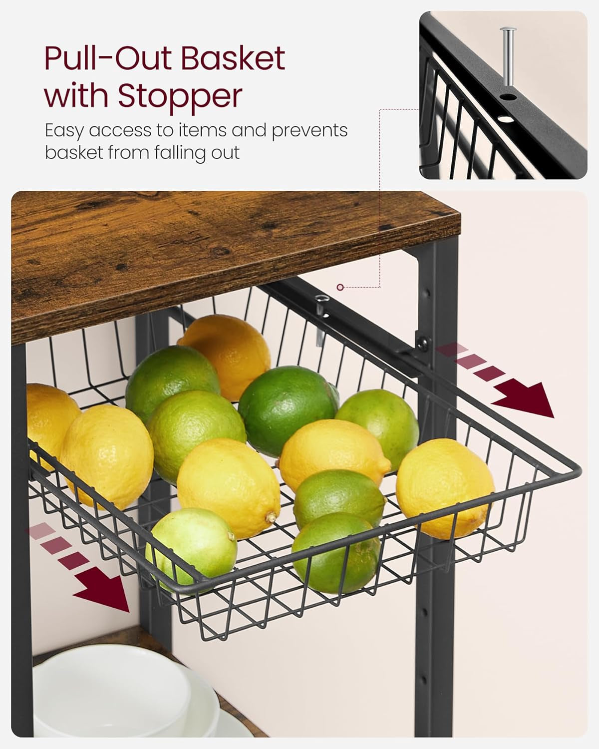 Baker'S Rack, Coffee Bar Stand with Charging Station, Storage Shelves, Pull-Out Wire Basket, Table for Microwave, Kitchen, Rustic Brown UKKS036K01, 15.7 X 35.4 X 35.6 Inches