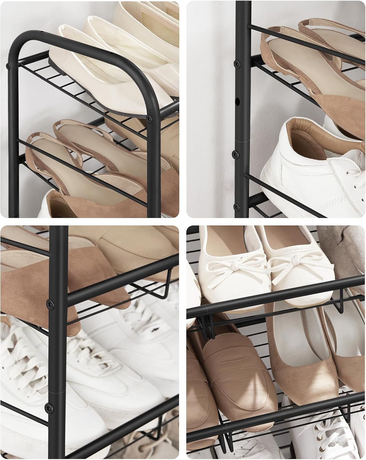 4 Tier Shoe Rack, Stackable Storage Rack, up to 16 Pairs, Metal, 68.5 X 27.5 X 65 Cm, for High Heels, Sneakers, Slippers, in Entrance, Black LMR067B01