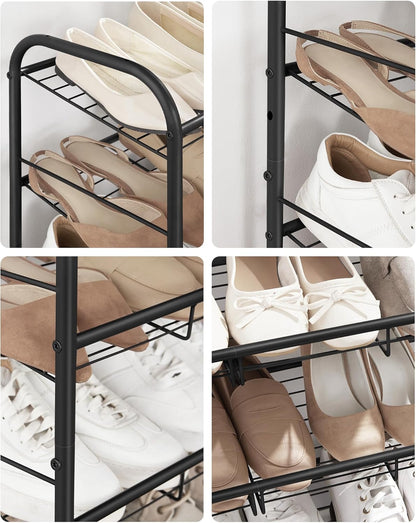 4 Tier Shoe Rack, Stackable Storage Rack, up to 16 Pairs, Metal, 68.5 X 27.5 X 65 Cm, for High Heels, Sneakers, Slippers, in Entrance, Black LMR067B01