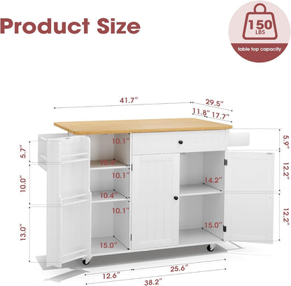 Kitchen Island with Storage, 41.7" Rolling Cart with Drop Leaf, Portable Island Table on Wheels, Spice Rack, Towel Rack and Drawer, White, 41.7" L X 29.5" W