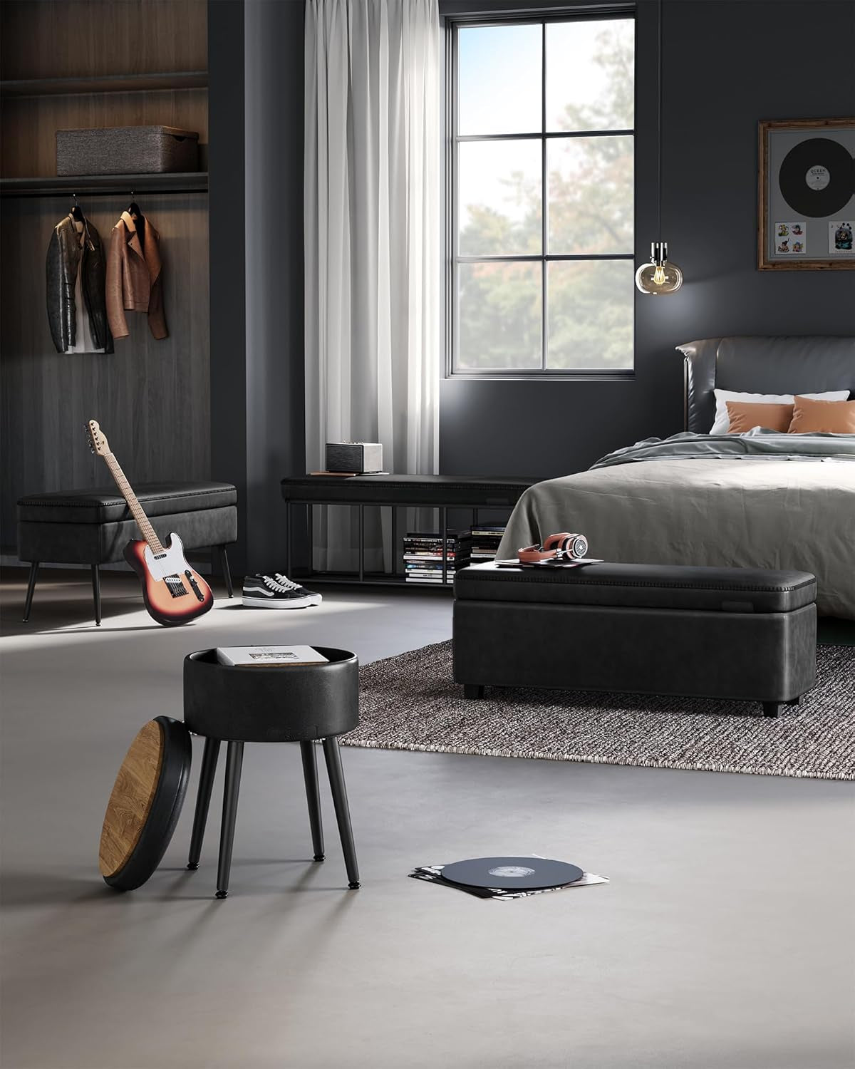 EKHO Collection - Bench for Entryway Bedroom, Synthetic Leather with Stitching, Ottoman Bench with Steel Legs, Living Dining Room, Mid-Century Modern, Loads 660 Lb, Ink Black ULOM076B01