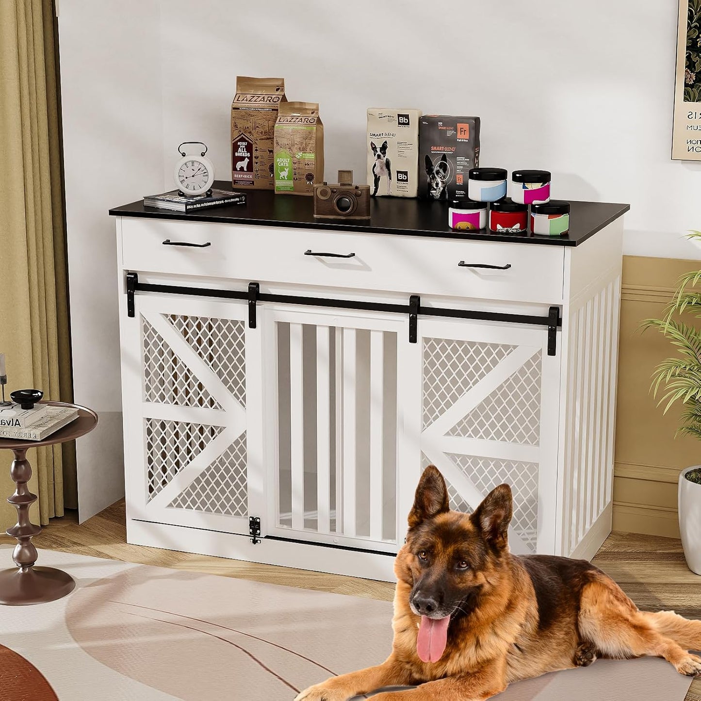 Large Furniture Dog Crate, Dog Kennel Indoor, Wood Dog Cage Table with Drawers Storage, Heavy Duty Dog Crate, Jaula Para Perros, Sturdy Metal, 40.5" L×23.6" W×35.4" H, Black