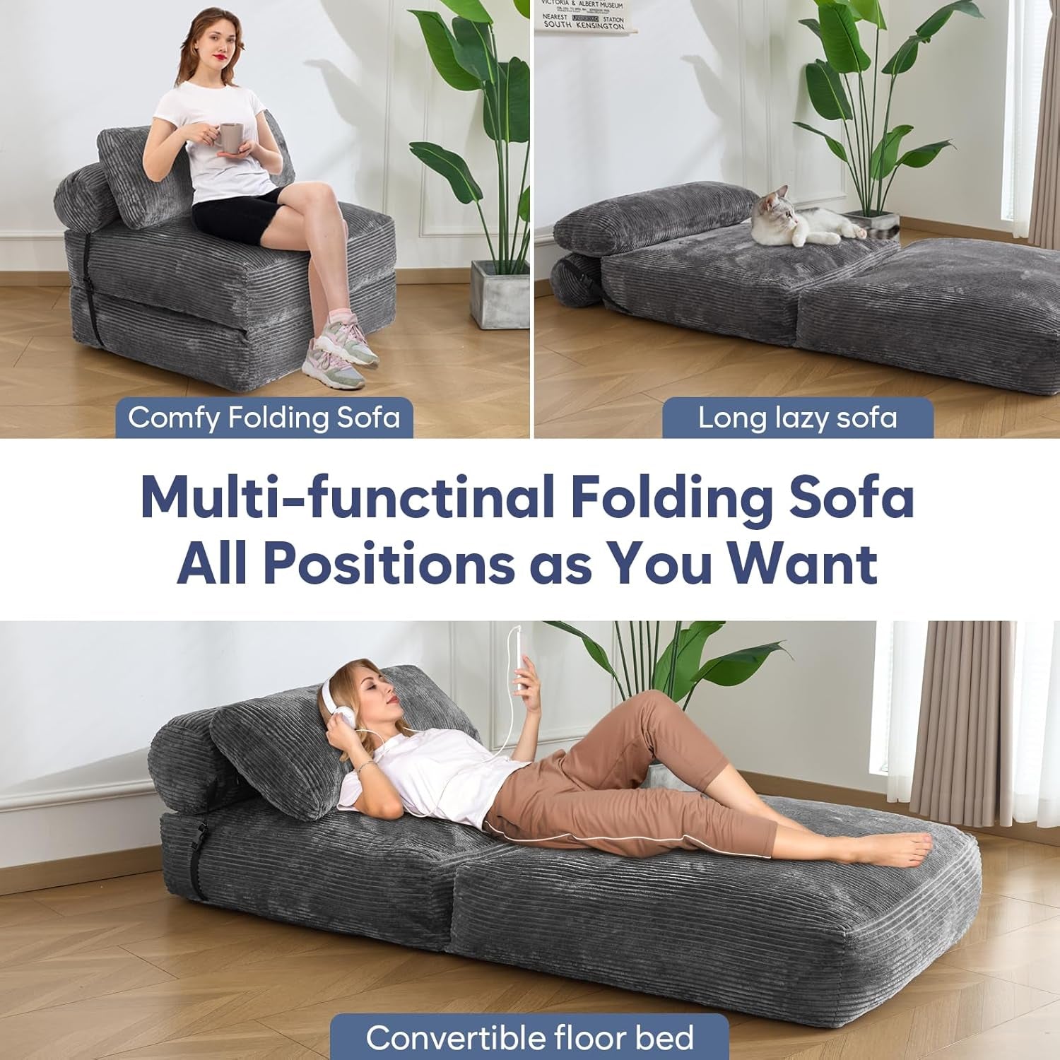 Folding Sofa Bed,Convertible Sleeper Chair Bed with Pillow,Foldable Futon Couch Mattress with Back Support,Portable Lazy Floor Sofa Lounger, Dark Grey, Single