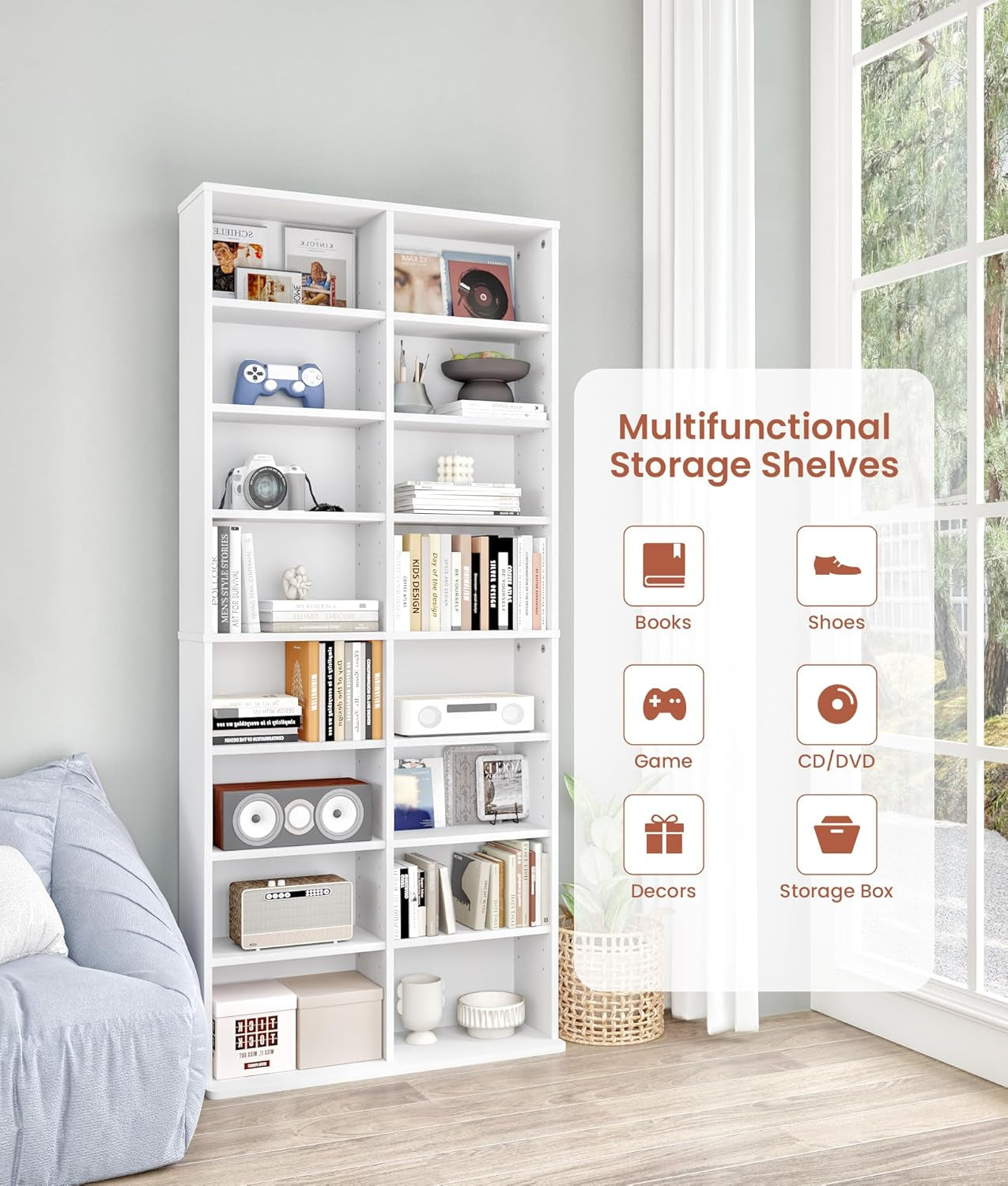 DVD Tower Storage Rack, 16-Shelf Media Storage Shelves with Adjustable Shelves 8-Tier DVD Stand Tower for Living Room Home Office