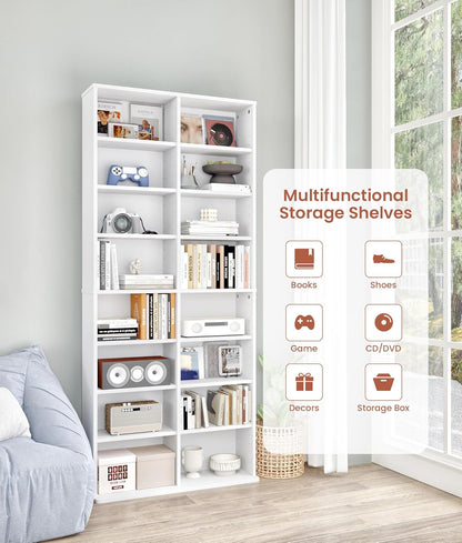 DVD Tower Storage Rack, 16-Shelf Media Storage Shelves with Adjustable Shelves 8-Tier DVD Stand Tower for Living Room Home Office