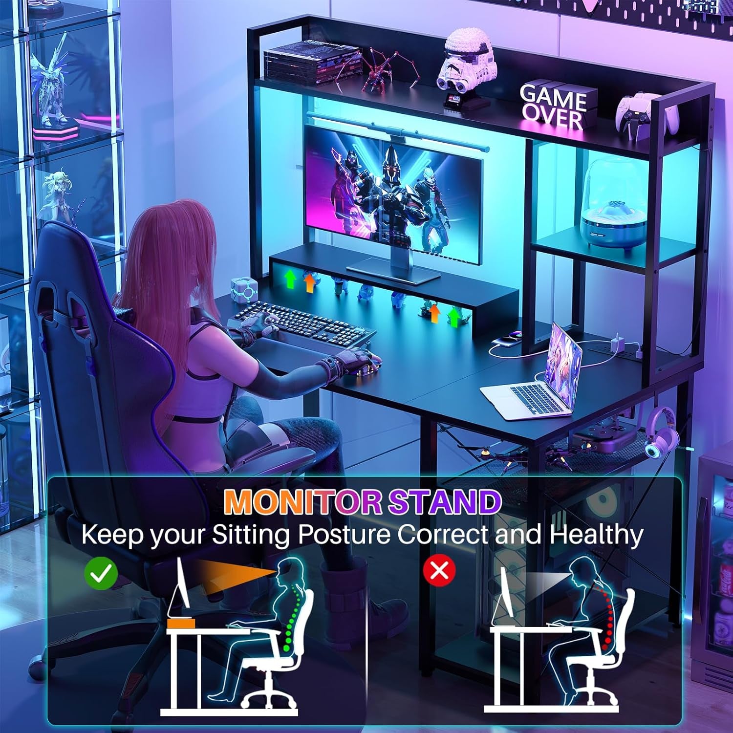 Gaming Desk with Hutch, 39'' Computer Desk with LED Lights & Power Outlets, Home Office Desk with Reversible 5 Tiers Storage Shelves & Monitor Stand, Small Gaming Table for Small Space, Black