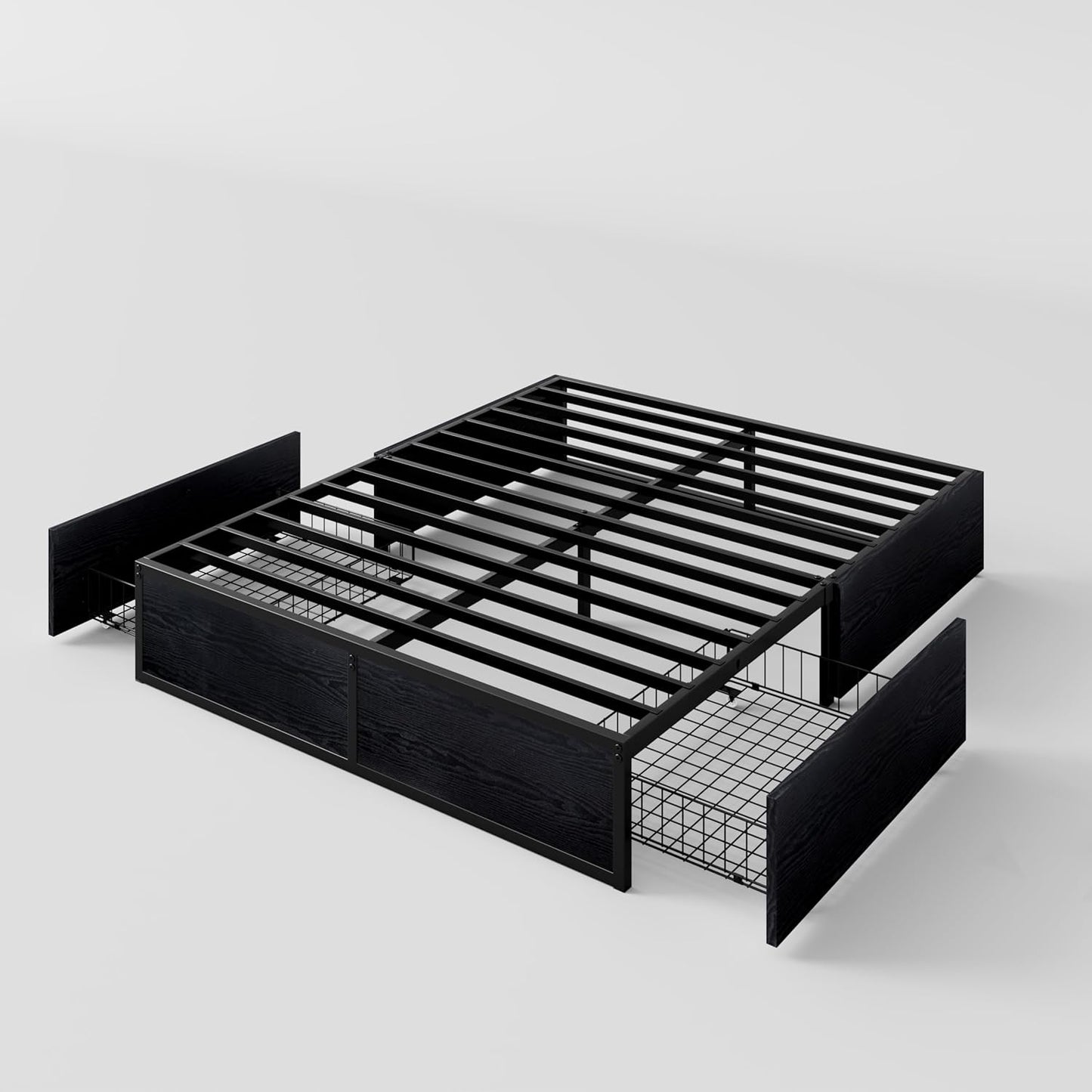 Queen Platform Bed Frame with 2 Large Storage Drawers, Rustic Wood and Metal, Noise-Free, Easy Assembly, No Box Spring Needed, Black