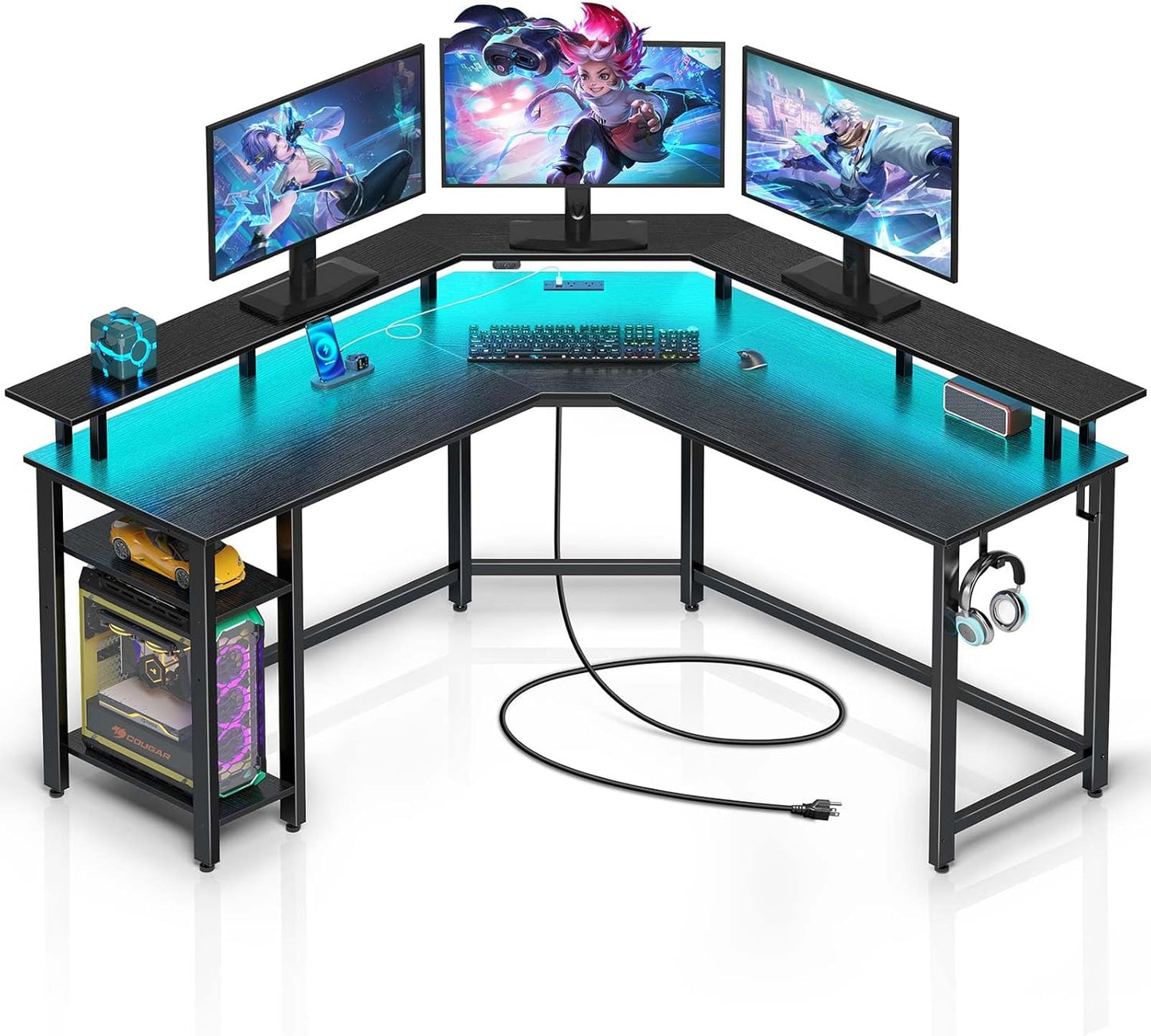 L Shaped Gaming Desk with LED Lights & Power Outlets, 53" Computer Desk with Full Monitor Stand & Storage Shelf, Corner Desk with Hooks, Black Desk Reversible