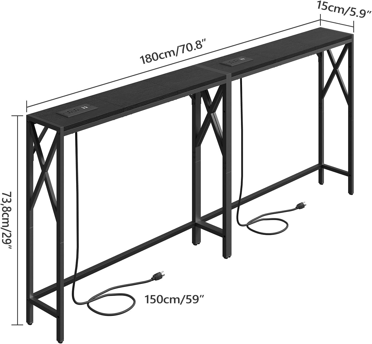 70.8'' Narrow Sofa Table with Charging Station, 2 Pack Skinny Console Table, Long Entryway Hallway Couch Table with Power Outlets, Black CTBK152E01S2