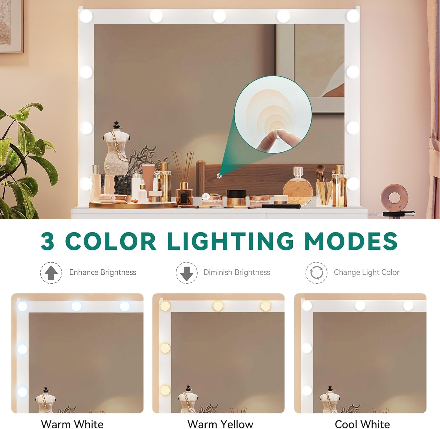 Makeup Vanity Table with Lighted Mirror, Cushioned Stool, 4 Storage Drawers & Hidden Jewelry Organizer, 3-Mode LED Lighting