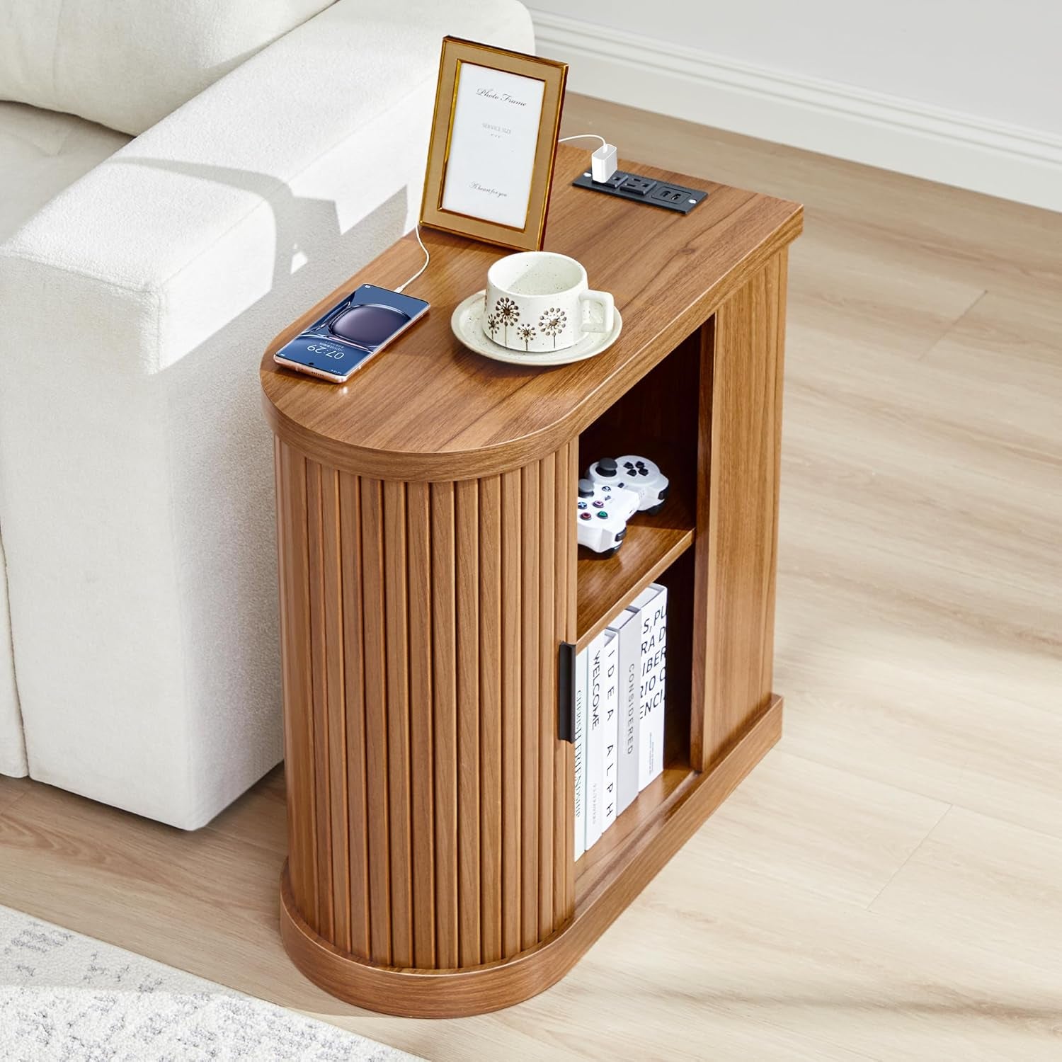 Small End Table, Narrow Side Table, Skinny Nightstand with Charging Station, Mid-Century Modern Curved Fluted Bedside Table with Door and Shelf for Small Spaces,Living Room,Bedroom,Walnut