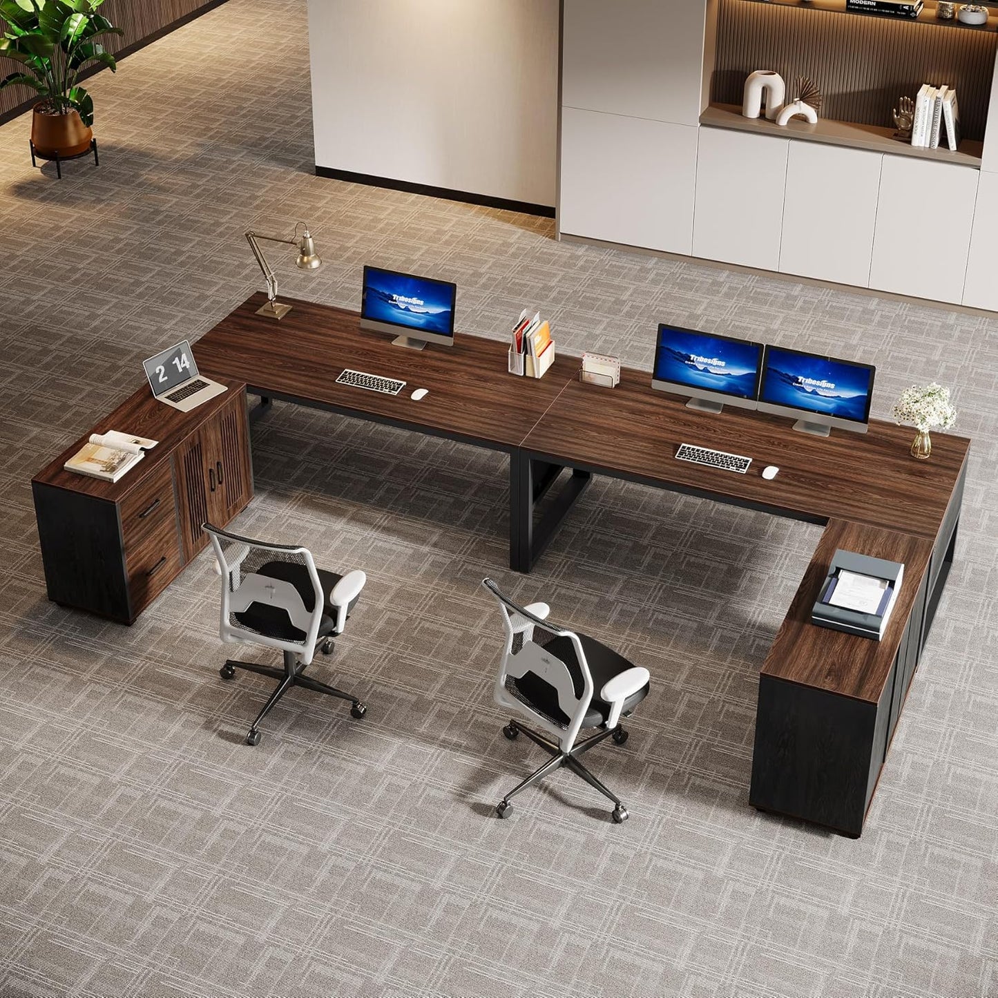 63-Inch L-Shaped Executive Desk with Mobile File Cabinet, Large Office Computer Desk, Business Furniture Table with Drawers and Storage Shelves for Home Office, Dark Walnut & Black