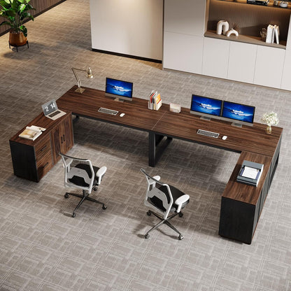 63-Inch L-Shaped Executive Desk with Mobile File Cabinet, Large Office Computer Desk, Business Furniture Table with Drawers and Storage Shelves for Home Office, Dark Walnut & Black
