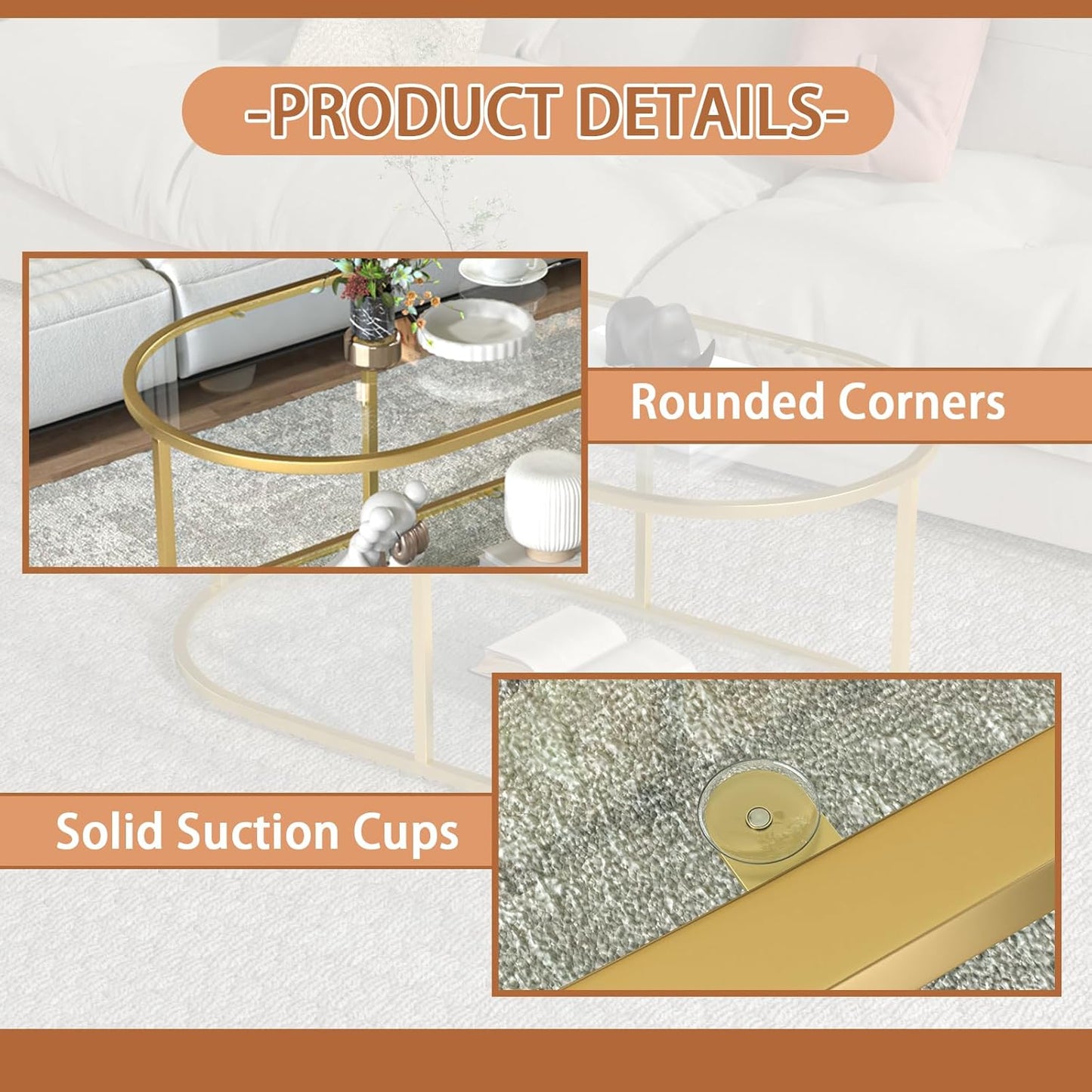 Coffee Table Gold Glass Coffee Table for Living Room,2 Tiers Oval Center Table with Sturdy Metal Frame,Modern Tempered Glass Accent Table for Bedroom Home Office