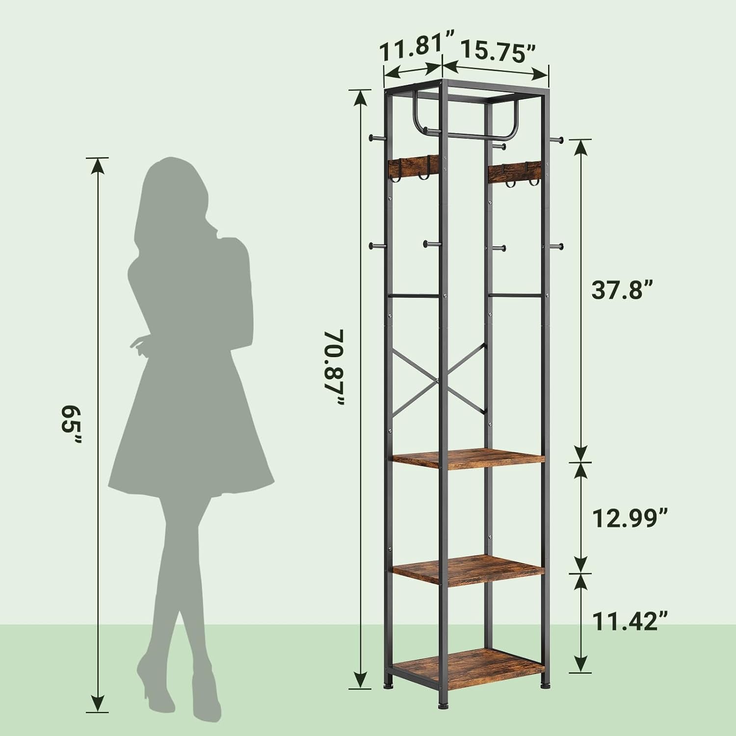 Coat Rack Freestanding, Hall Tree with 3 Storage Shelves and 12 Hooks, Industrial Clothes Rack Stand Organizer for Bedroom, Hallway, Entryway, Office, Living Room, Rustic Brown