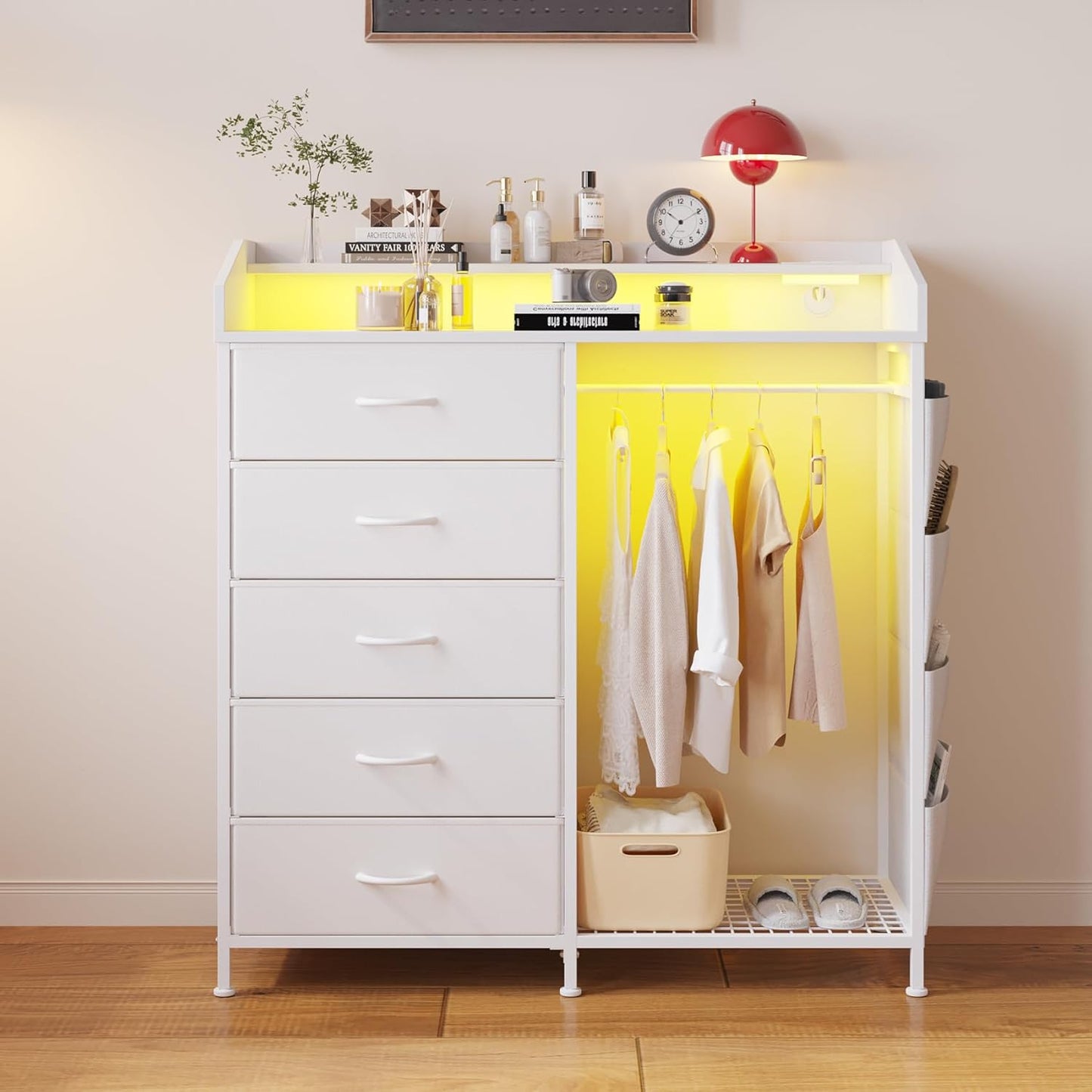 Modern 5 Dresser with LED Hanging Rack, Dresser with Clothes Rack, Hanger Rack, and Storage Drawers, Drawer Dressers with Coat Racks for Bedroom Living Room, Entryway, Closets (White)