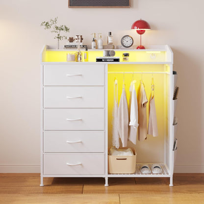Modern 5 Dresser with LED Hanging Rack, Dresser with Clothes Rack, Hanger Rack, and Storage Drawers, Drawer Dressers with Coat Racks for Bedroom Living Room, Entryway, Closets (White)