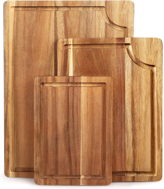 Acacia Wood Cutting Board Set with Juice Groove (3 Pieces), Organic Wooden Cutting Boards for Kitchen, Butcher Block Cutting Board for Meat, Vegetable, Wooden Chopping Board 15X10, 12X8, 9X6 Inch