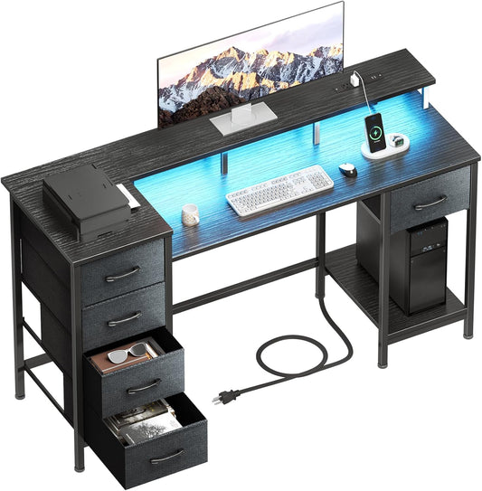 47 Inch Computer Desk with 5 Fabric Storage Drawers,Gaming Desk with Power Outlets & LED Lights,Reversible Home Office Desk with Monitor Stand for Working Writing Study, Black